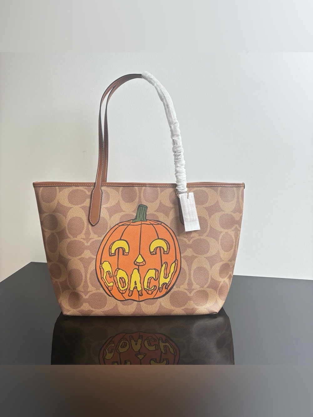 Coach Halloween Pumpkin Print Signature Canvas Large Tote Bag